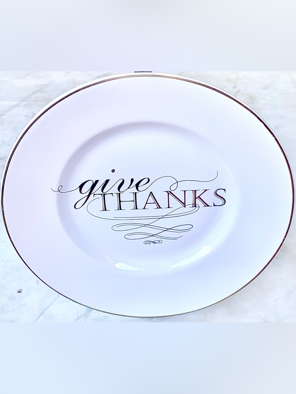 222 FIFTH White 'Give Thanks' Decorative SALAD Plate with Gold RIM NEW